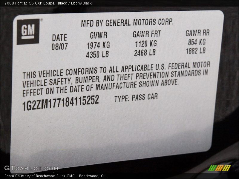 Info Tag of 2008 G6 GXP Coupe