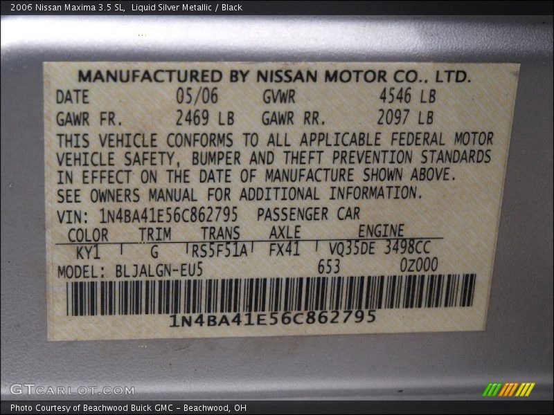 2006 Maxima 3.5 SL Liquid Silver Metallic Color Code KY1
