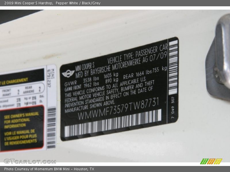 Pepper White / Black/Grey 2009 Mini Cooper S Hardtop