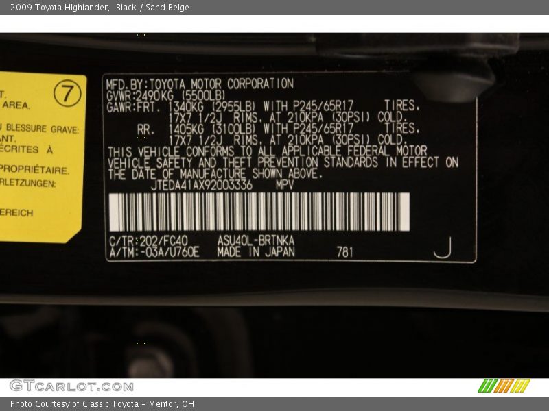 2009 Highlander  Black Color Code 202