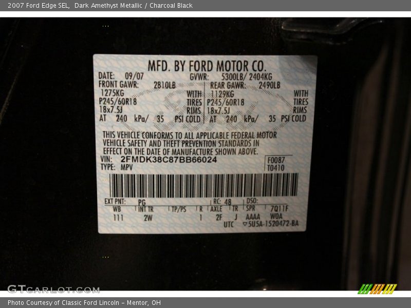 Dark Amethyst Metallic / Charcoal Black 2007 Ford Edge SEL