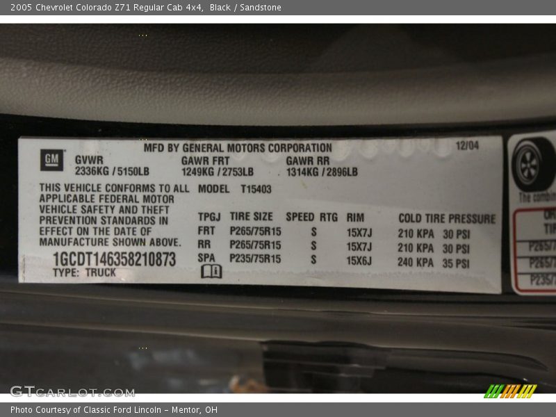 Black / Sandstone 2005 Chevrolet Colorado Z71 Regular Cab 4x4