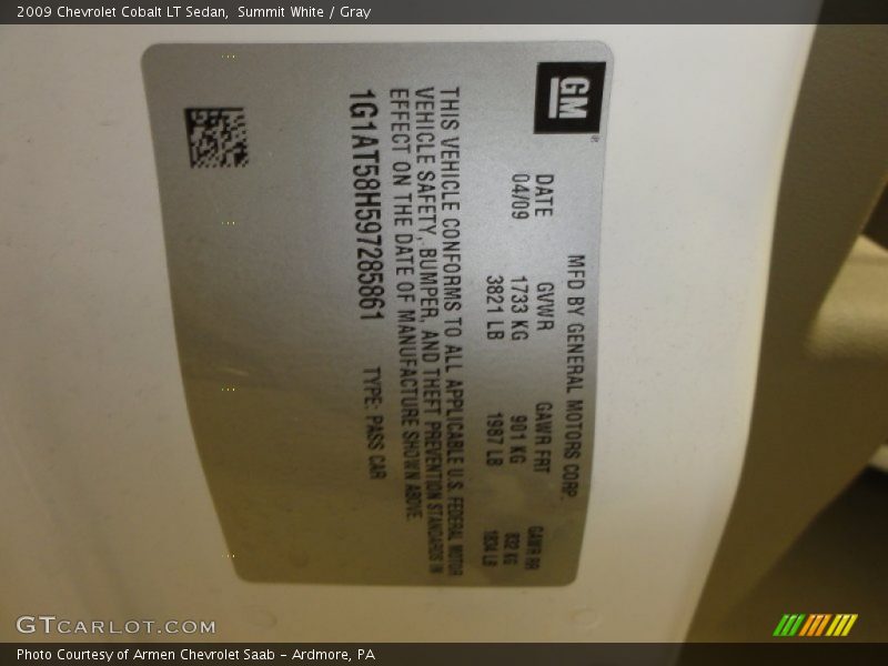 Summit White / Gray 2009 Chevrolet Cobalt LT Sedan