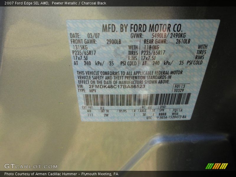 Pewter Metallic / Charcoal Black 2007 Ford Edge SEL AWD