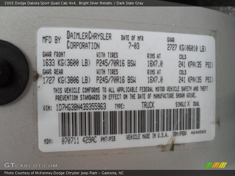 Bright Silver Metallic / Dark Slate Gray 2003 Dodge Dakota Sport Quad Cab 4x4