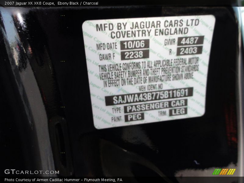 2007 XK XK8 Coupe Ebony Black Color Code PEC