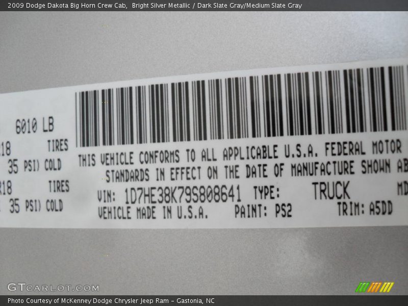 Bright Silver Metallic / Dark Slate Gray/Medium Slate Gray 2009 Dodge Dakota Big Horn Crew Cab
