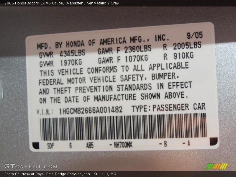 Alabaster Silver Metallic / Gray 2006 Honda Accord EX V6 Coupe