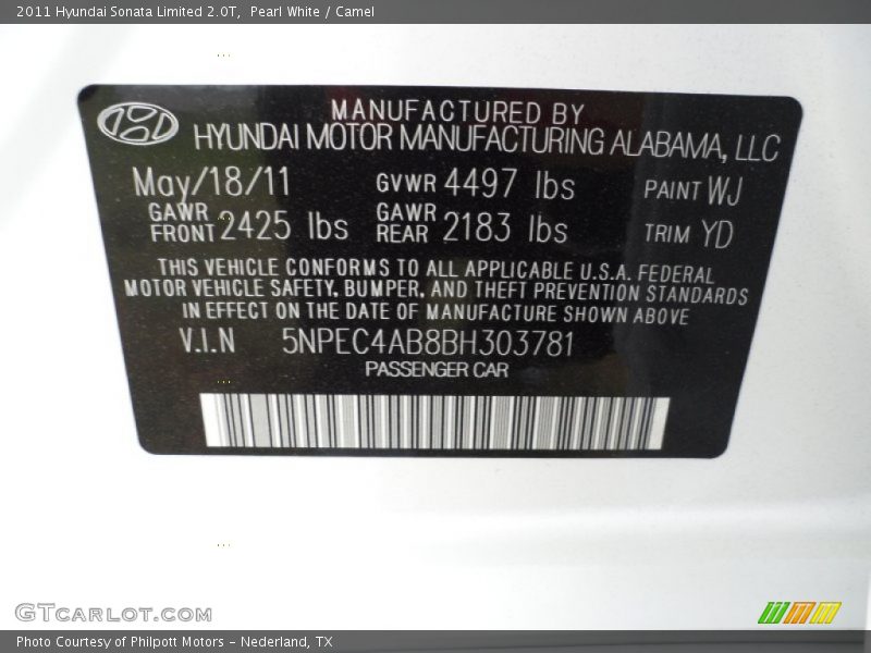 Pearl White / Camel 2011 Hyundai Sonata Limited 2.0T