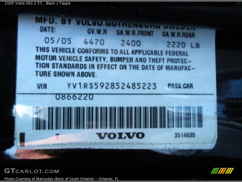Black / Taupe 2005 Volvo S60 2.5T