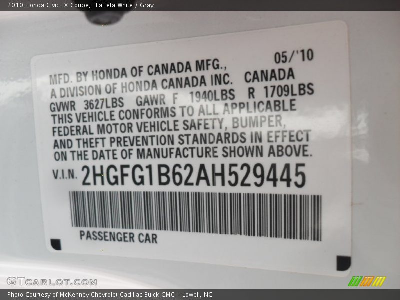 Taffeta White / Gray 2010 Honda Civic LX Coupe