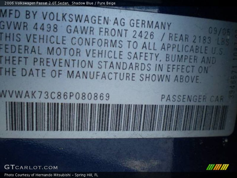 Shadow Blue / Pure Beige 2006 Volkswagen Passat 2.0T Sedan