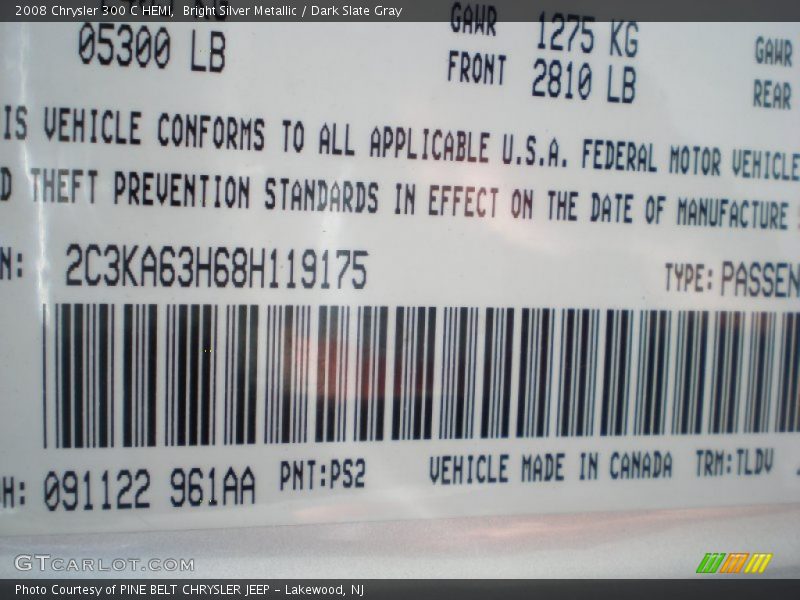 Bright Silver Metallic / Dark Slate Gray 2008 Chrysler 300 C HEMI