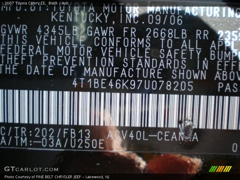 Black / Ash 2007 Toyota Camry CE