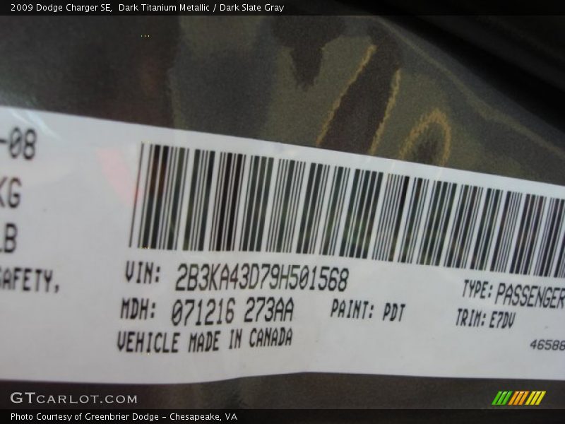 Dark Titanium Metallic / Dark Slate Gray 2009 Dodge Charger SE