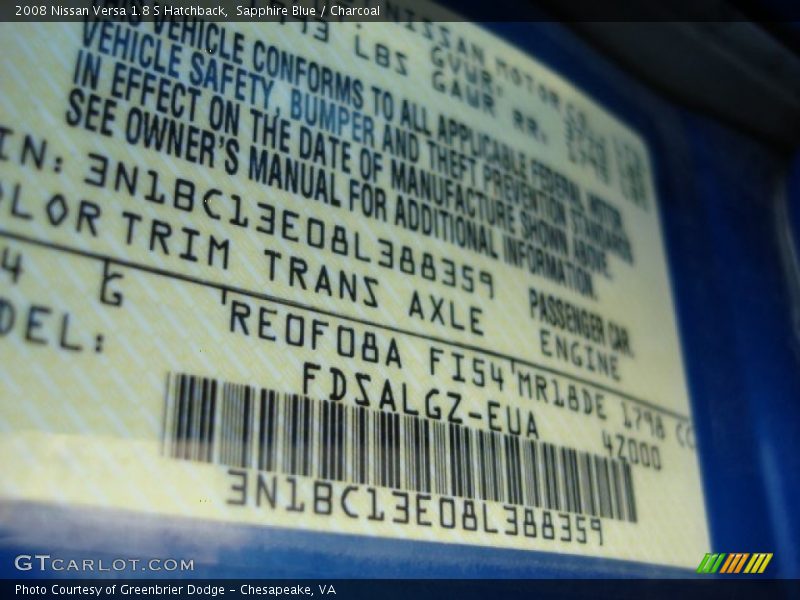 Sapphire Blue / Charcoal 2008 Nissan Versa 1.8 S Hatchback