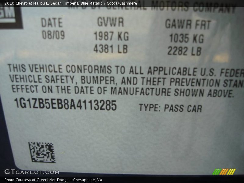 Imperial Blue Metallic / Cocoa/Cashmere 2010 Chevrolet Malibu LS Sedan