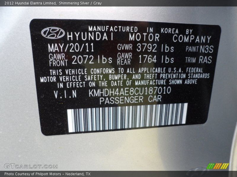 2012 Elantra Limited Shimmering Silver Color Code N3S