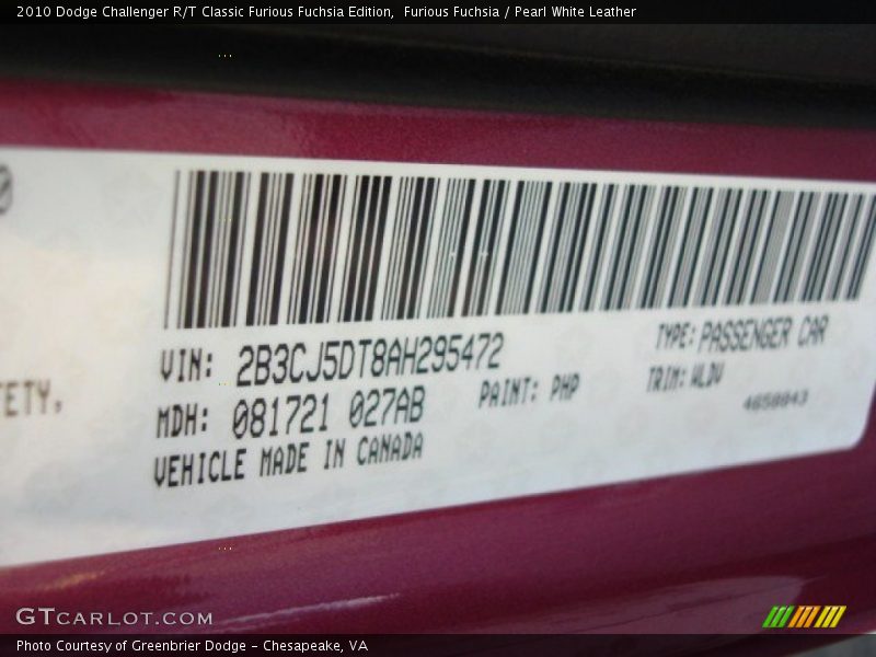 Furious Fuchsia / Pearl White Leather 2010 Dodge Challenger R/T Classic Furious Fuchsia Edition