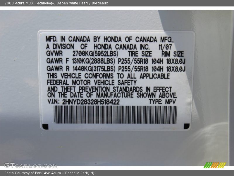 Aspen White Pearl / Bordeaux 2008 Acura MDX Technology