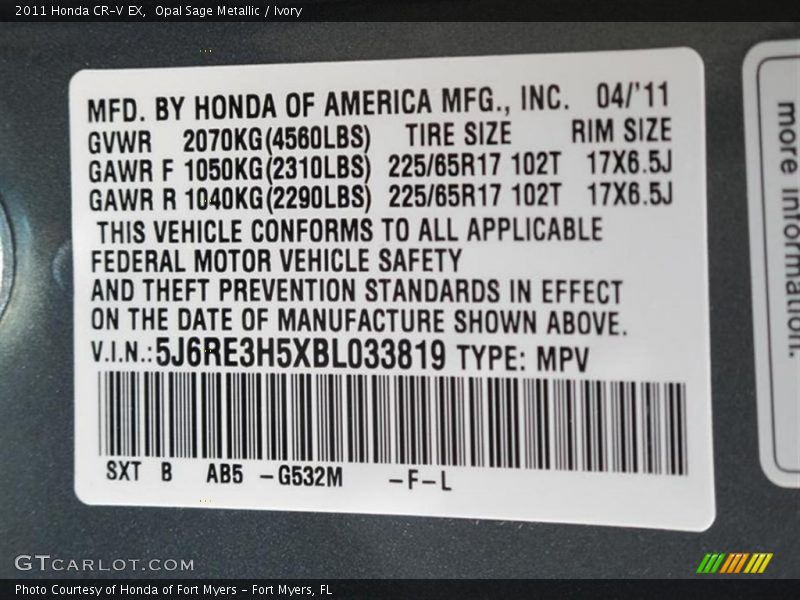 2011 CR-V EX Opal Sage Metallic Color Code G532M