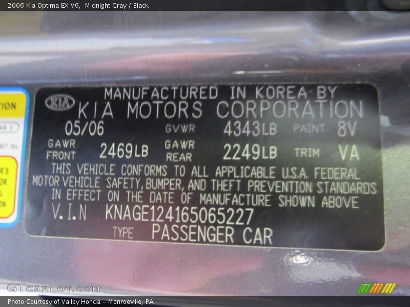 2006 Optima EX V6 Midnight Gray Color Code 8V