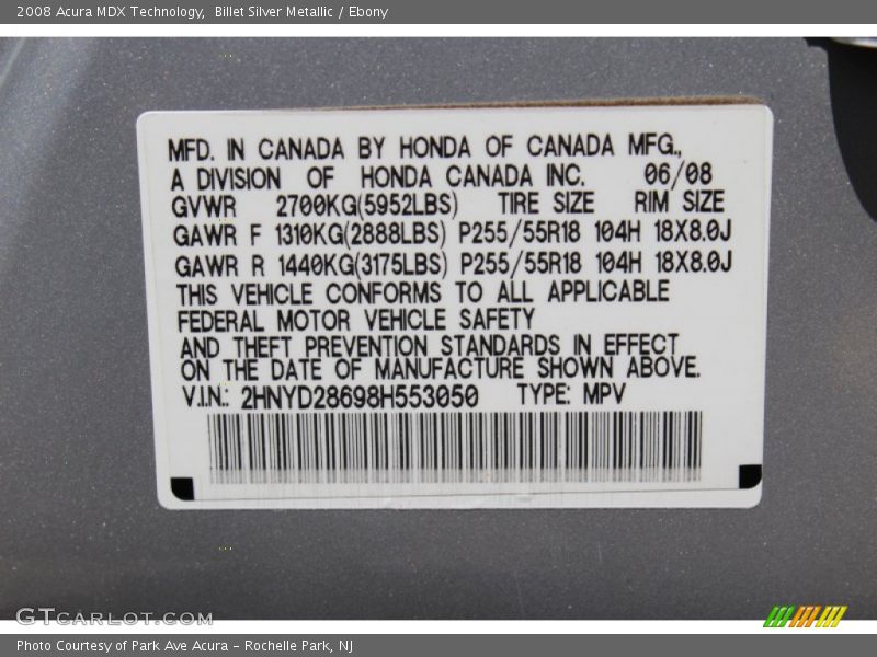 Billet Silver Metallic / Ebony 2008 Acura MDX Technology