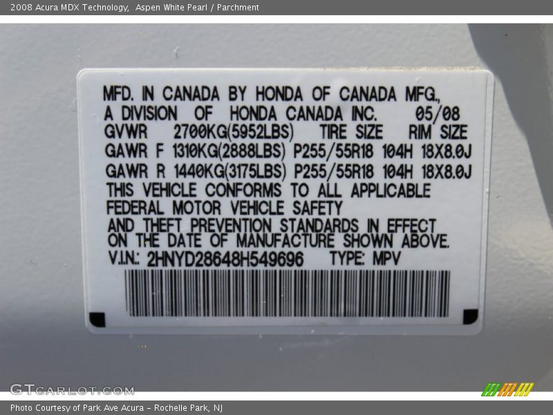Aspen White Pearl / Parchment 2008 Acura MDX Technology