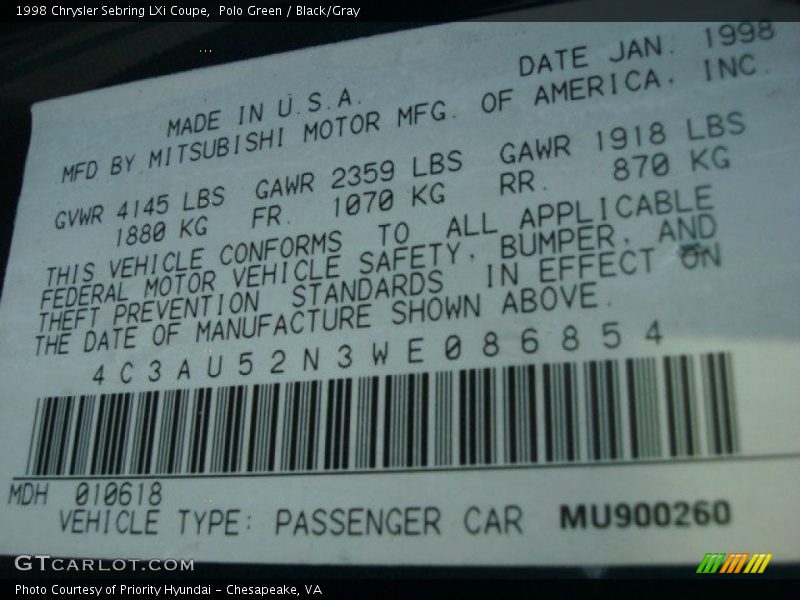 Info Tag of 1998 Sebring LXi Coupe