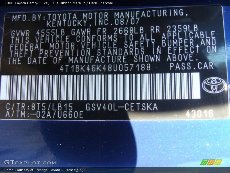 Blue Ribbon Metallic / Dark Charcoal 2008 Toyota Camry SE V6