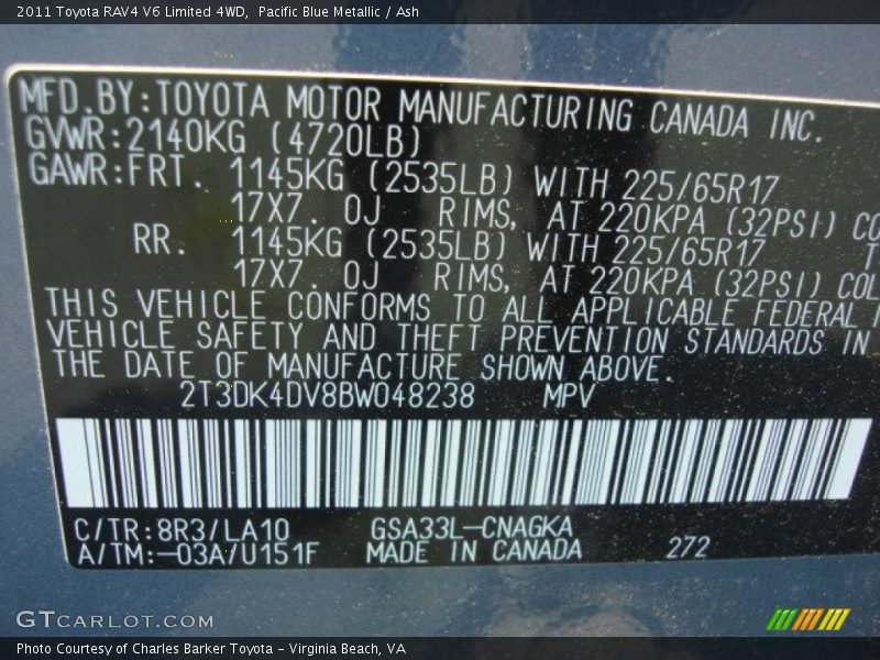 Pacific Blue Metallic / Ash 2011 Toyota RAV4 V6 Limited 4WD