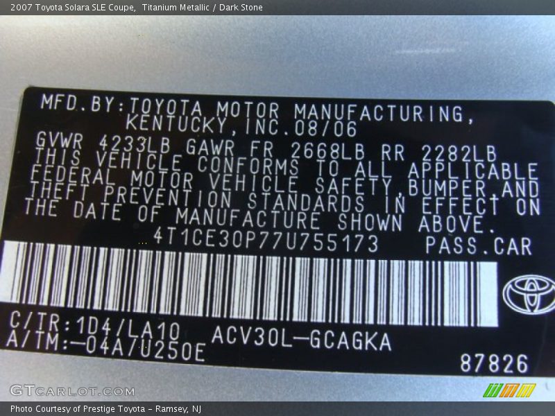 Titanium Metallic / Dark Stone 2007 Toyota Solara SLE Coupe