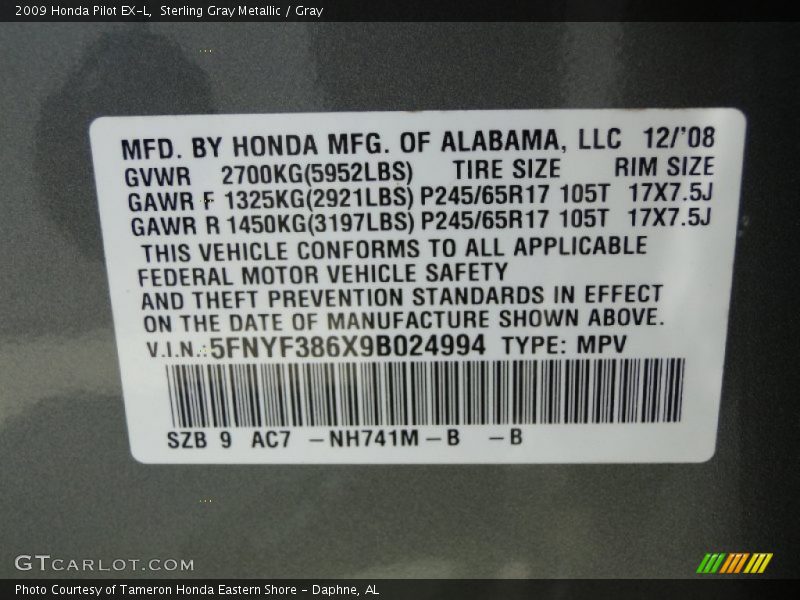 2009 Pilot EX-L Sterling Gray Metallic Color Code NH741M