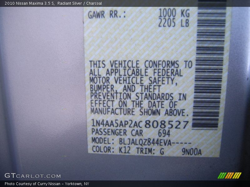 Radiant Silver / Charcoal 2010 Nissan Maxima 3.5 S
