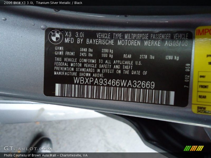 Titanium Silver Metallic / Black 2006 BMW X3 3.0i