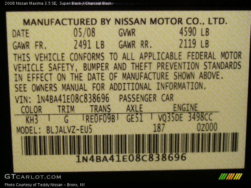 Super Black / Charcoal Black 2008 Nissan Maxima 3.5 SE