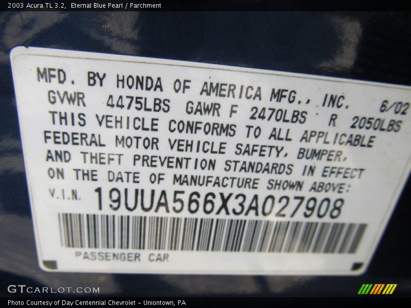 Eternal Blue Pearl / Parchment 2003 Acura TL 3.2