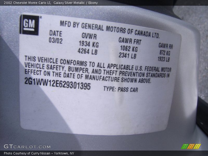 Galaxy Silver Metallic / Ebony 2002 Chevrolet Monte Carlo LS