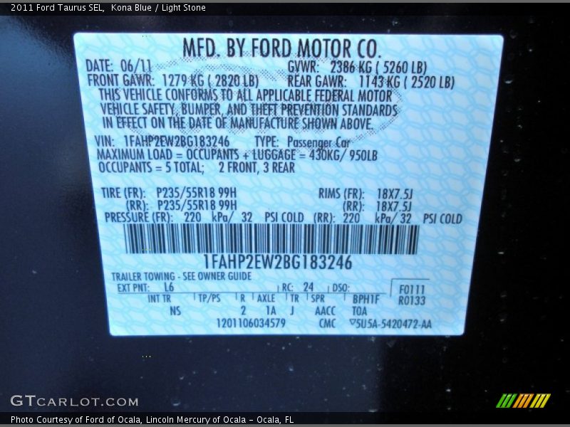 Kona Blue / Light Stone 2011 Ford Taurus SEL