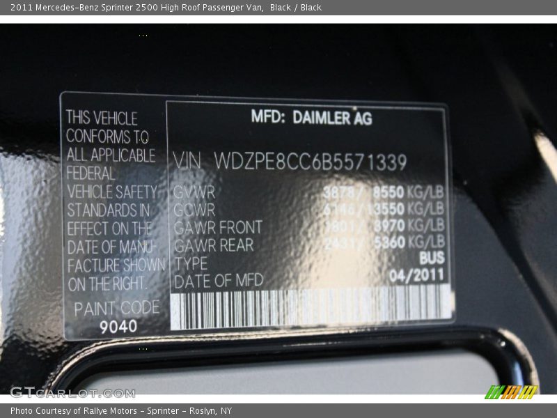 2011 Sprinter 2500 High Roof Passenger Van Black Color Code 040