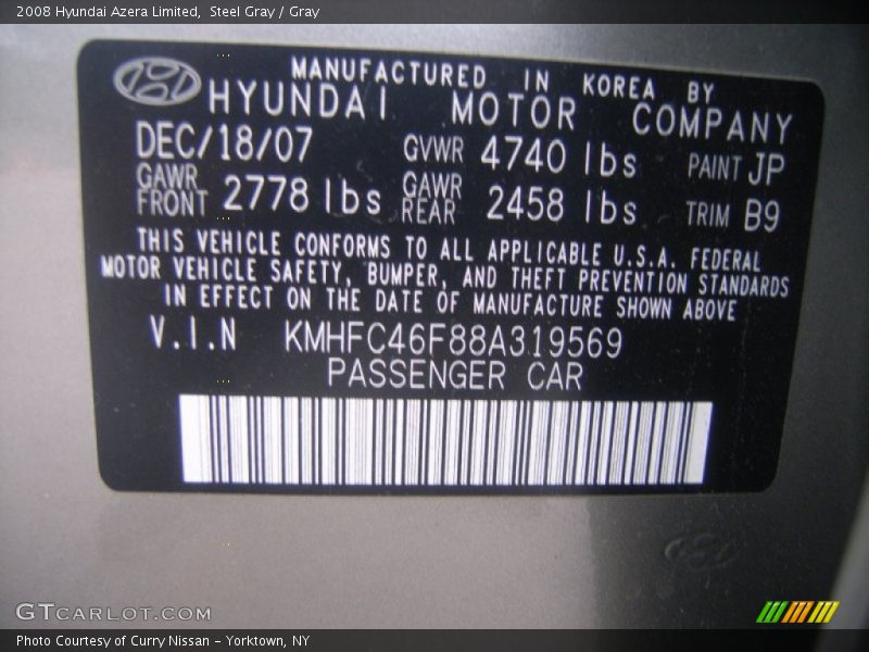 Steel Gray / Gray 2008 Hyundai Azera Limited