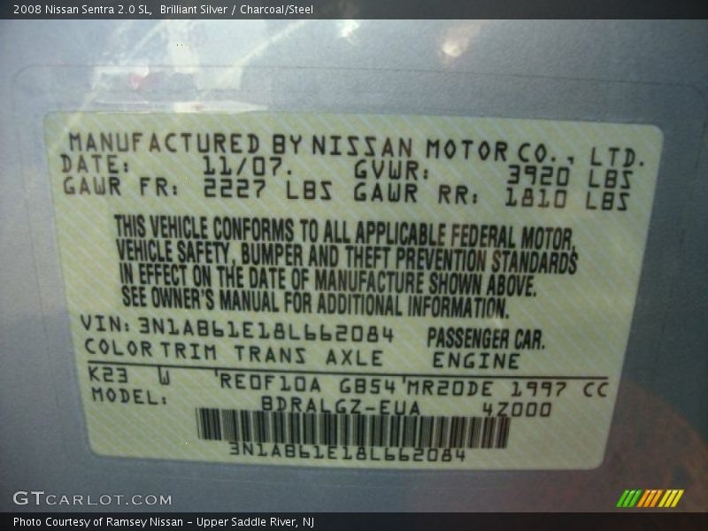 Brilliant Silver / Charcoal/Steel 2008 Nissan Sentra 2.0 SL