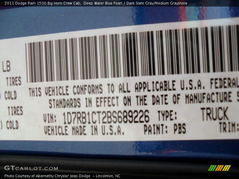 Deep Water Blue Pearl / Dark Slate Gray/Medium Graystone 2011 Dodge Ram 1500 Big Horn Crew Cab