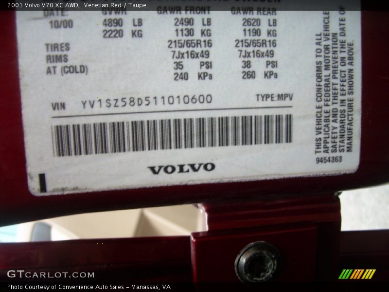 Venetian Red / Taupe 2001 Volvo V70 XC AWD