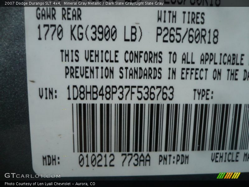Mineral Gray Metallic / Dark Slate Gray/Light Slate Gray 2007 Dodge Durango SLT 4x4