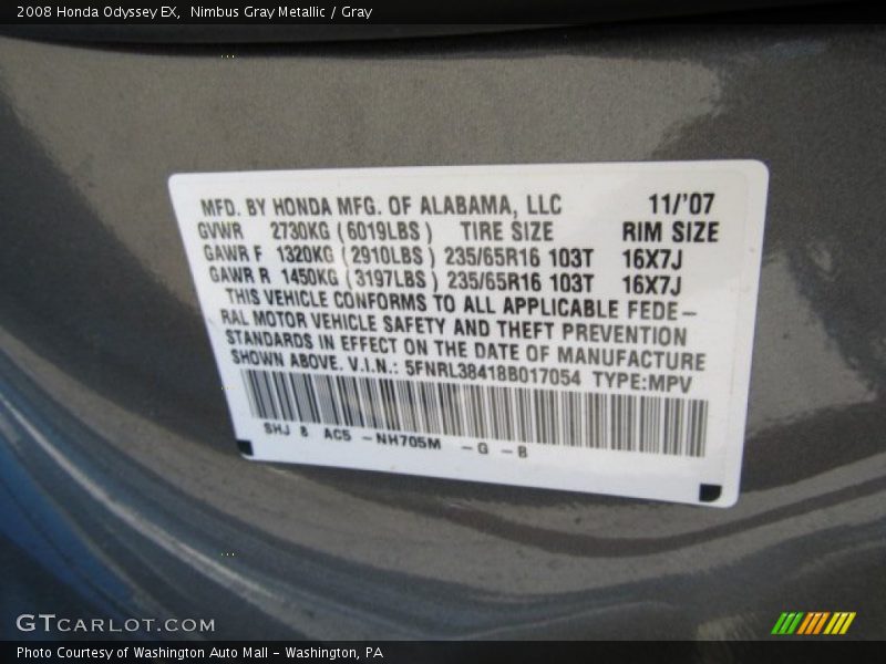 Nimbus Gray Metallic / Gray 2008 Honda Odyssey EX