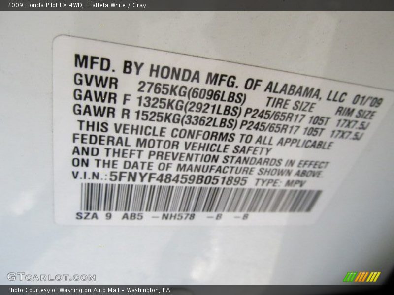Taffeta White / Gray 2009 Honda Pilot EX 4WD