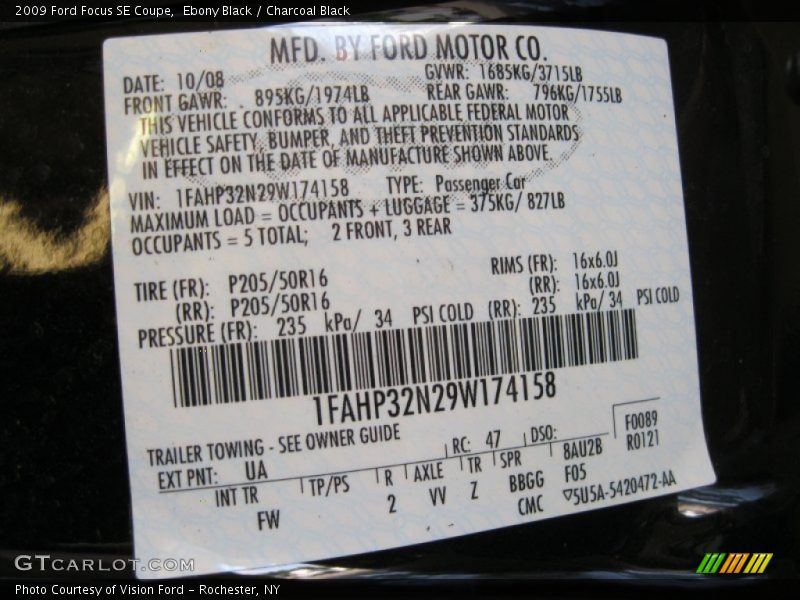 Ebony Black / Charcoal Black 2009 Ford Focus SE Coupe