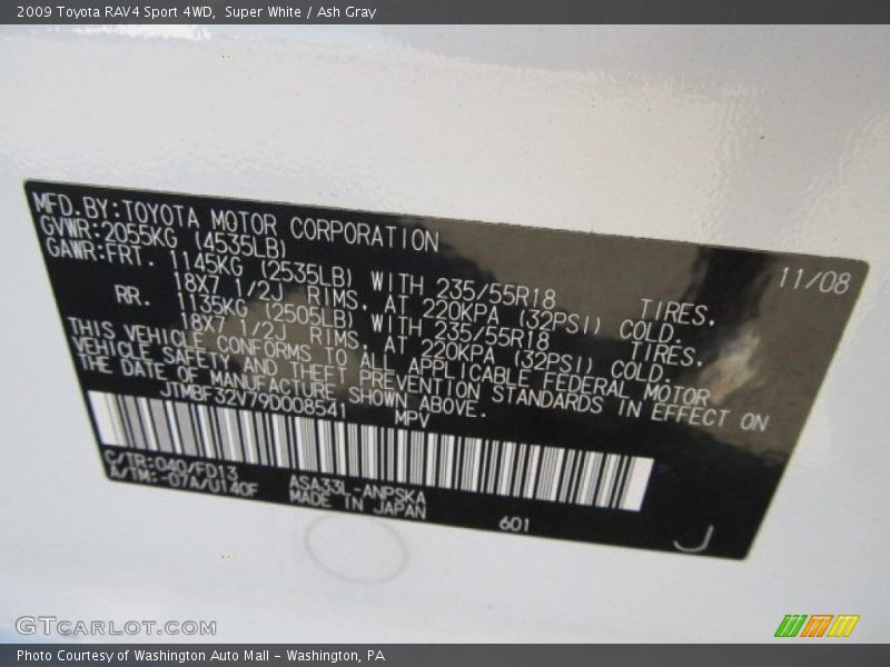 2009 RAV4 Sport 4WD Super White Color Code 040