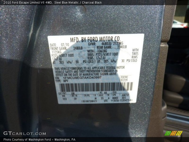 Steel Blue Metallic / Charcoal Black 2010 Ford Escape Limited V6 4WD